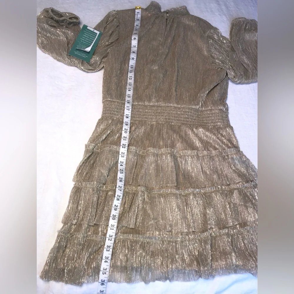 Sam & Jess Semi-Sheer Tiered Ruffle Mock turtleneck Dress Shimmer Gold S…